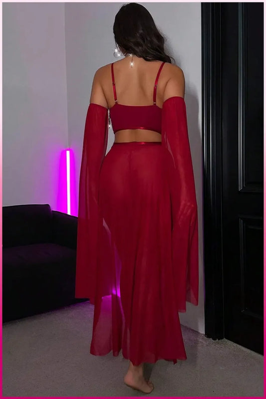 Bordo Pul Aksesuarlı Tül Etekli Kadın Seksi Gecelik