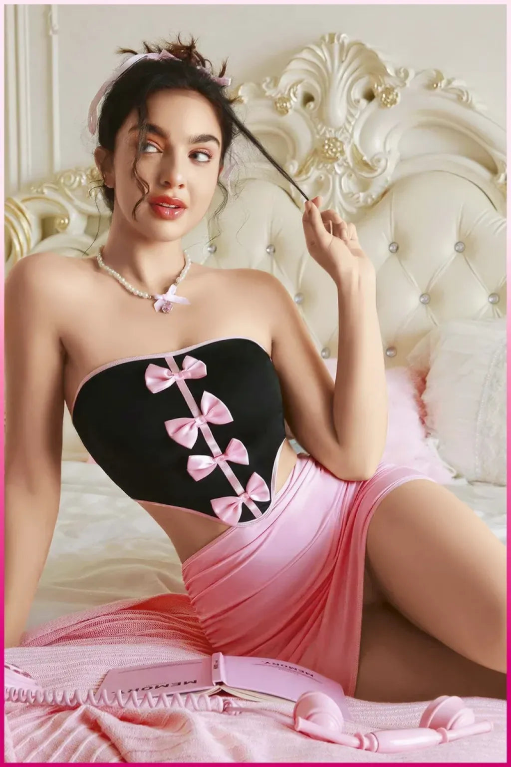 Kadın Pembe Fiyonklu Etekli Seksi Kostüm