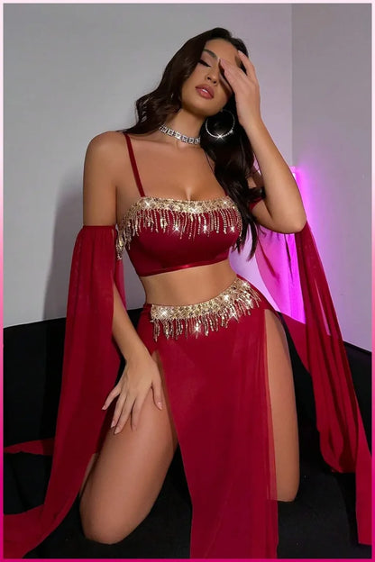 Bordo Pul Aksesuarlı Tül Etekli Kadın Seksi Gecelik