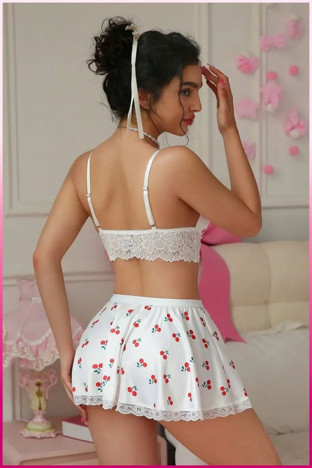 Kadın Kirazlı Fiyonklu Seksi Kostüm